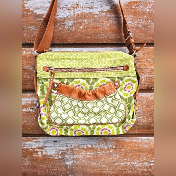 Vintage Fossil Green Canvas & Brown Genuine Leather Crossbody Purse Floral - Picture 8 of 16